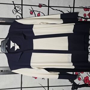 Misook 2 Piece Elegant Navy and White Sleeveless Top and Cardigan Set Small